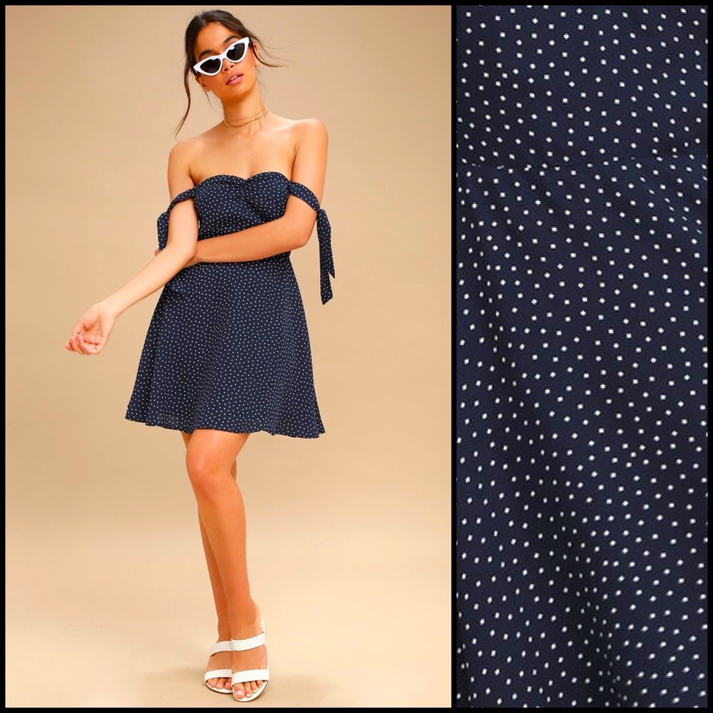 Lulu’s Navy Square Polka Dot Off Shoulder Dress - Picture 2 of 13